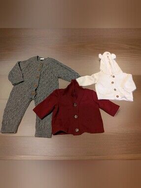 Knit Romper, Burgundy Cardigan & Cream Hooded Sweater Carters Newborn
